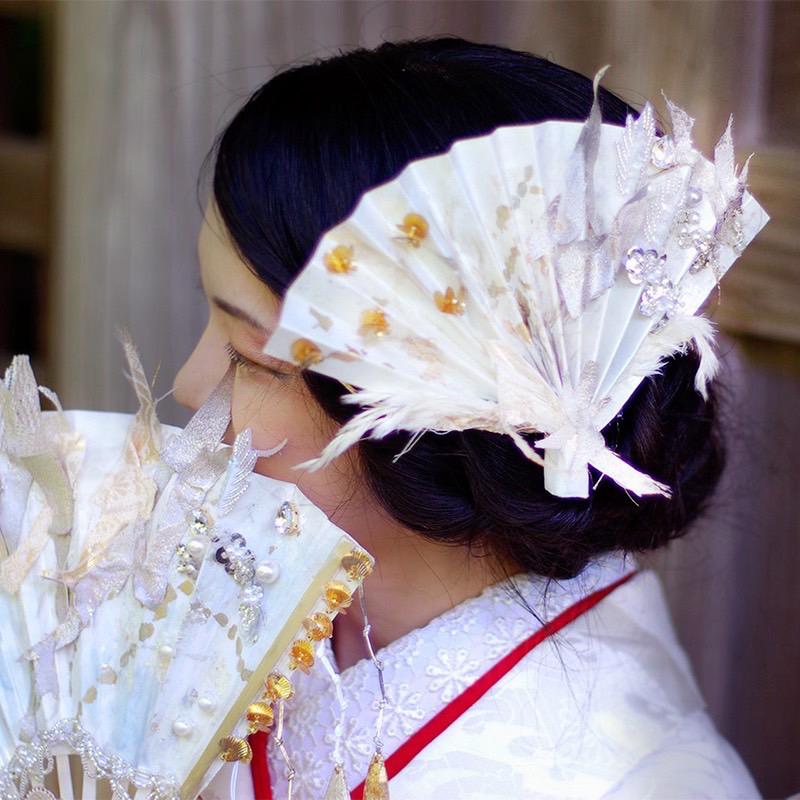 【送料無料・純金箔K24使用！】結婚式　ウェディング　ヘッドドレス　粋な日本画の扇飾り