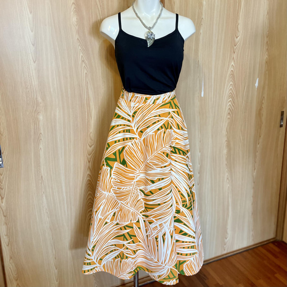 【ラップスカート】ハワイアンラップスカート（バナナリーフ カヒコ/オレンジ グリーン)ハワイアンファブリック使用♪ 4枚目の画像