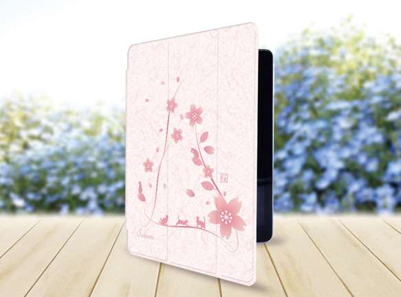 【桜（猫プラスバージョン）】手帳型iPadケース（片面印刷/カメラ穴あり/はめ込みタイプ） 2枚目の画像