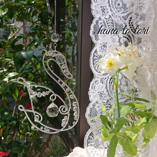 白鳥のワイヤーサンキャッチャー02 モビール 花と鳥サンキャッチャー