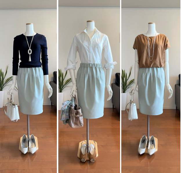 【完成品】5号 タックタイトスカート(ミントクリーム/膝丈/Wゴム）