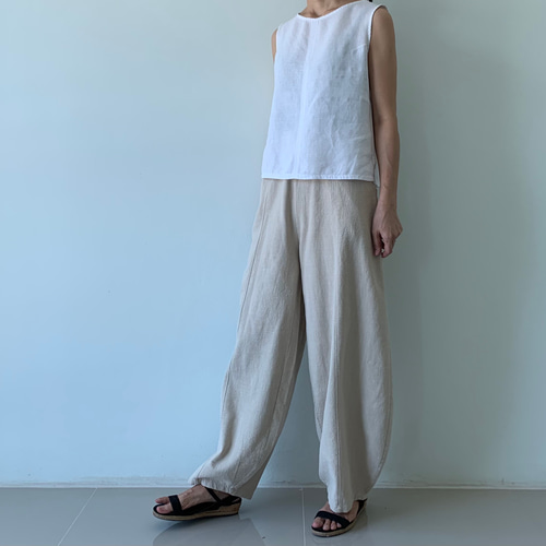 ゆったり切り替えリネンロングパンツ 黒 リネン ロングパンツ