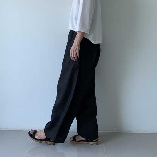 ゆったり切り替えリネンロングパンツ 黒 リネン ロングパンツ