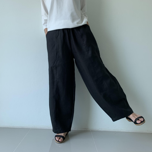 ゆったり切り替えリネンロングパンツ 黒 リネン ロングパンツ