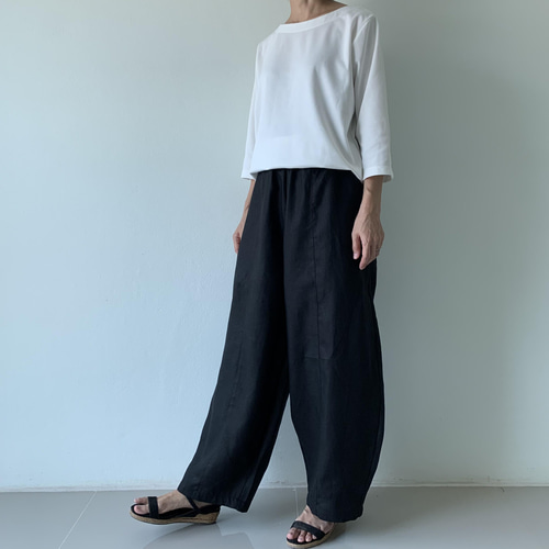 ゆったり切り替えリネンロングパンツ 黒 リネン ロングパンツ