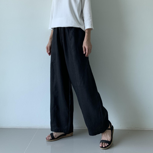 ゆったり切り替えリネンロングパンツ 黒 リネン ロングパンツ