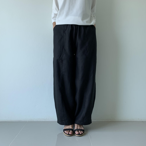 ゆったり切り替えリネンロングパンツ 黒 リネン ロングパンツ