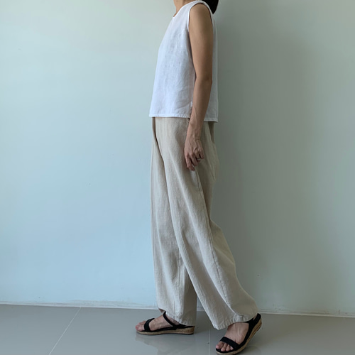 ゆったり切り替えリネンロングパンツ 黒 リネン ロングパンツ