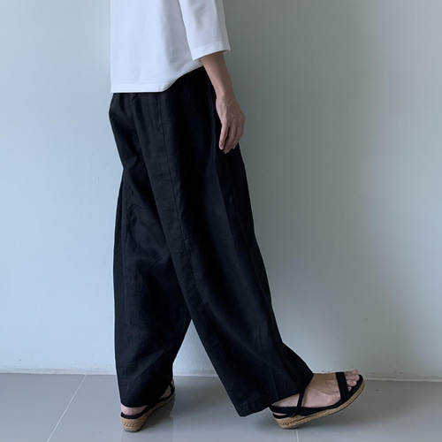 ゆったり切り替えリネンロングパンツ 黒 リネン ロングパンツ