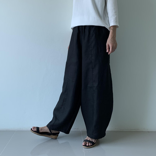 ゆったり切り替えリネンロングパンツ 黒 リネン ロングパンツ