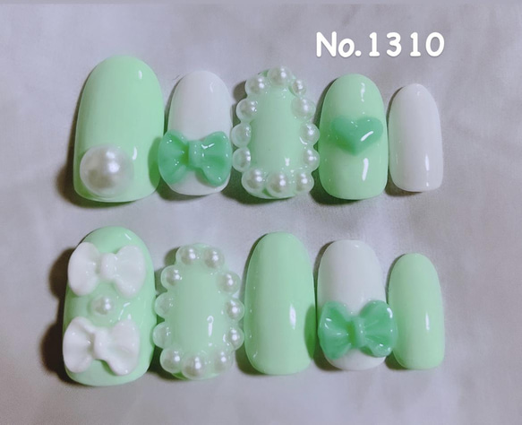 No.1310 ネイルチップ　パステルグリーン　リボン　推しカラー　 1枚目の画像