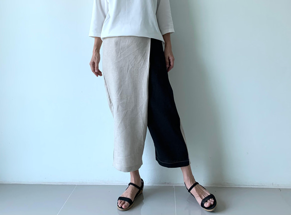 大人の抜け感を纏う｜リネン巻きスカート風ペグトップパンツ〈生成り＆ブラックor 濃紺〉ウエストファスナー 10枚目の画像