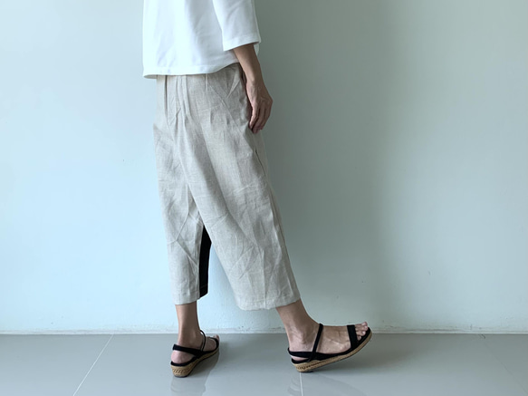 大人の抜け感を纏う｜リネン巻きスカート風ペグトップパンツ〈生成り＆ブラックor 濃紺〉ウエストファスナー 7枚目の画像