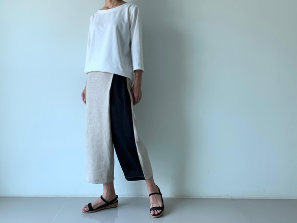 大人の抜け感を纏う｜リネン巻きスカート風ペグトップパンツ〈生成り＆ブラックor 濃紺〉ウエストファスナー 2枚目の画像