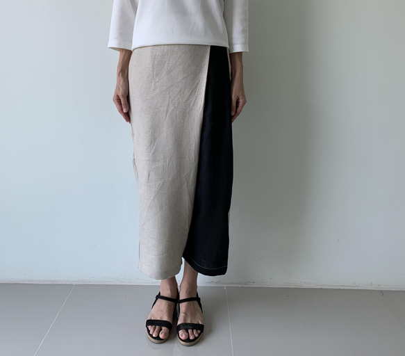 大人の抜け感を纏う｜リネン巻きスカート風ペグトップパンツ〈生成り＆ブラックor 濃紺〉ウエストファスナー 4枚目の画像