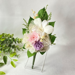 【花束 仏花】 コンパクトSサイズのプリザーブドフラワーお供え 束タイプ（ホワイト＆ピンク） 2枚目の画像