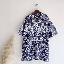 深藍花卉滿版圖騰 古著棉質夏威夷襯衫上衣 vintage Aloha Shirt 第1張的照片