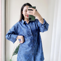 湖海藍極美滿版刺繡 古著亮面滑布襯衫上衣 vintage Shirt 第6張的照片