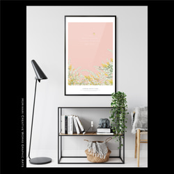 【ミモザと雪柳とユーカリの庭】インテリア ボタニカル アートポスター　コーラルピンク背景 5枚目の画像