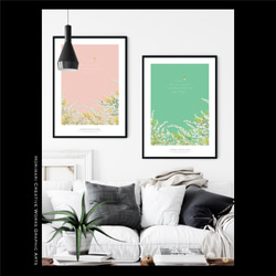 【ミモザと雪柳とユーカリの庭】インテリア ボタニカル アートポスター　コーラルピンク背景 8枚目の画像