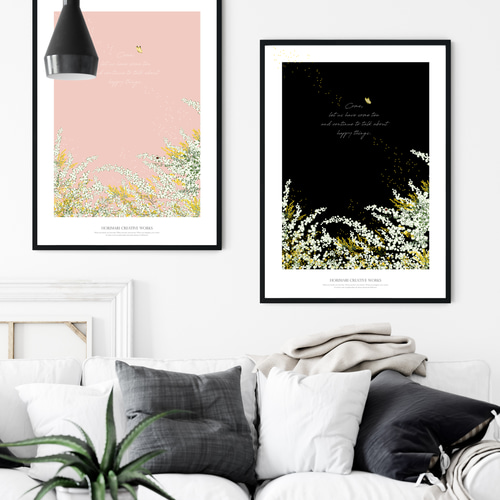 ミモザと雪柳とユーカリの庭】インテリア ボタニカル アートポスター