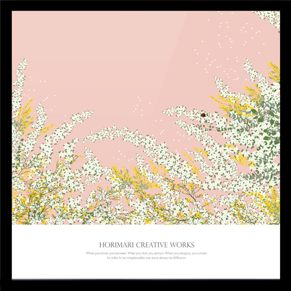 【ミモザと雪柳とユーカリの庭】インテリア ボタニカル アートポスター　コーラルピンク背景 14枚目の画像