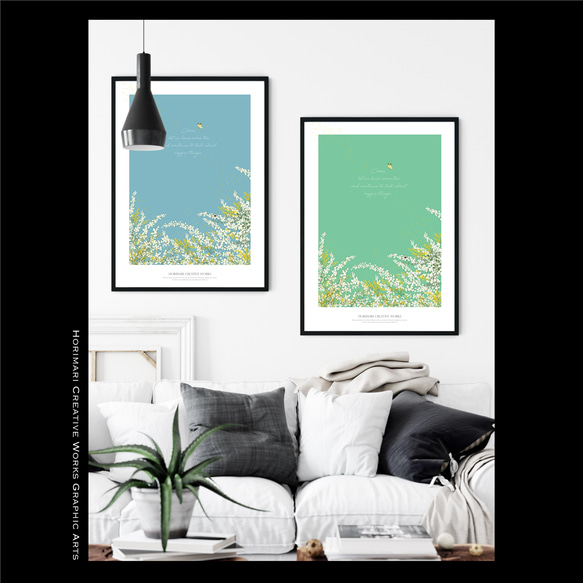【ミモザと雪柳とユーカリの庭】インテリア ボタニカル アートポスター　コーラルピンク背景 10枚目の画像