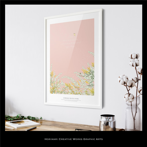 【ミモザと雪柳とユーカリの庭】インテリア ボタニカル アートポスター　コーラルピンク背景 4枚目の画像