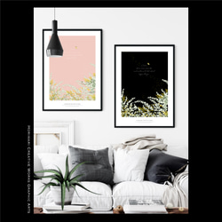【ミモザと雪柳とユーカリの庭】インテリア ボタニカル アートポスター　コーラルピンク背景 9枚目の画像
