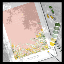 【ミモザと雪柳とユーカリの庭】インテリア ボタニカル アートポスター　コーラルピンク背景 1枚目の画像