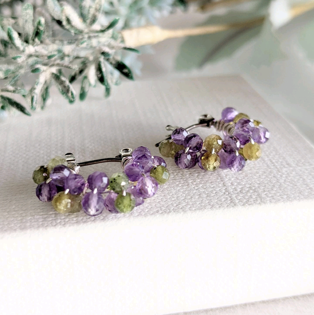 癒やしの天然石【アメジスト＆トルマリン】 ピアスorイヤリングSV925/14kgf可
