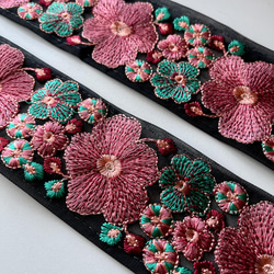 【50cm】インド刺繍リボン　ブラックxピンク　ネットGN396 4枚目の画像