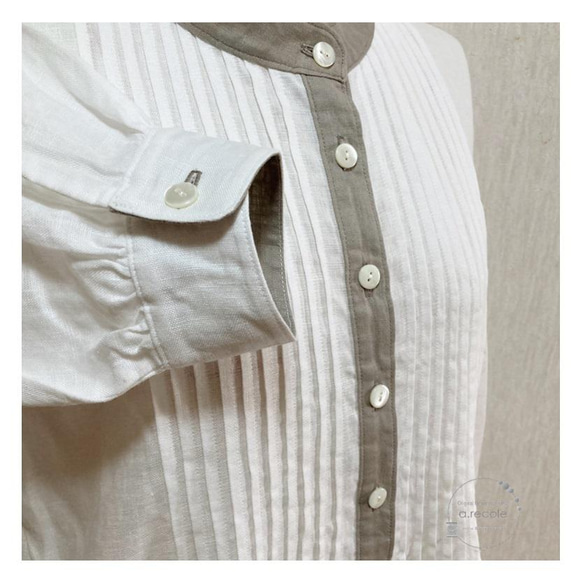 【送料無料】スタンドカラーのピンタックかぶりシャツワンピース（ホワイト×グレー） 7枚目の画像