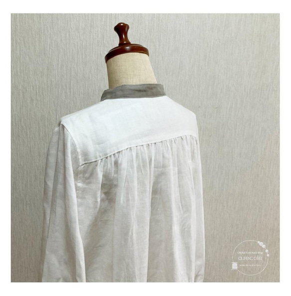 【送料無料】スタンドカラーのピンタックかぶりシャツワンピース（ホワイト×グレー） 6枚目の画像