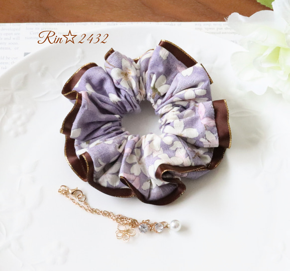 和柄】大人可愛いドビー織りのシュシュ✰サテンリボン付き☆桜/さくら