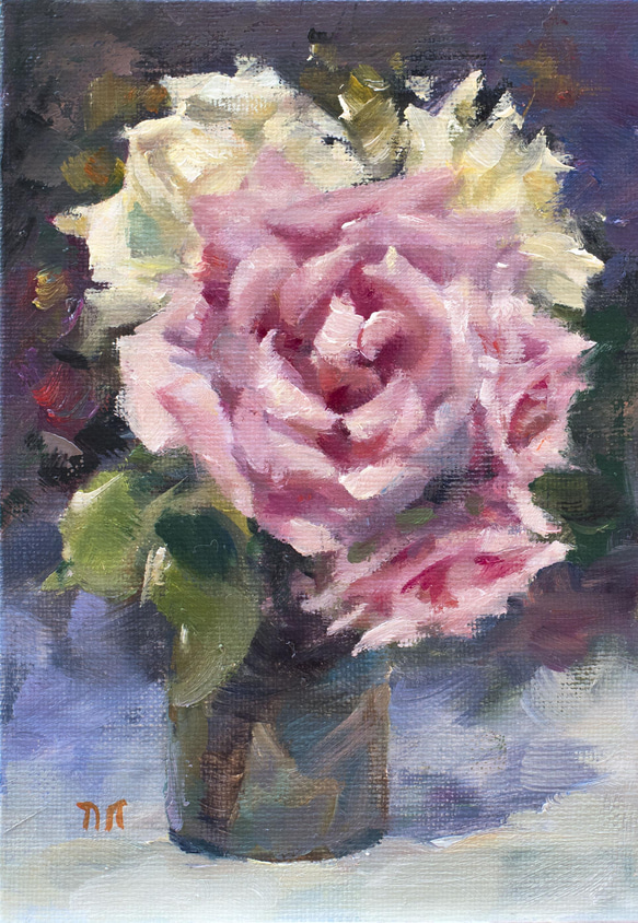 ミニ額付き・特典付き　油絵原画【時を楽しむ rose-p8】 2枚目の画像
