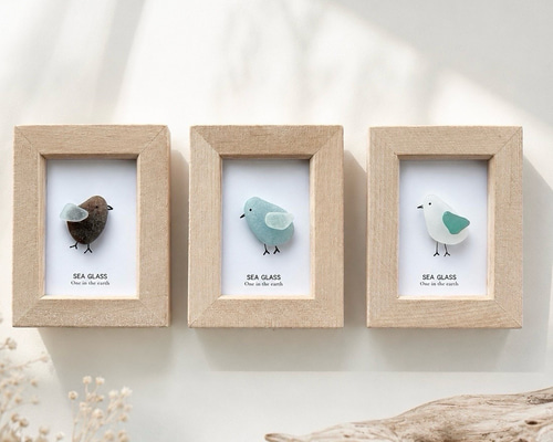 シーグラスアートミニフレーム 3点セット Bird 鳥 立体・オブジェ DONA