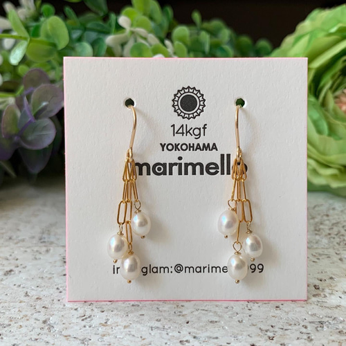 14kgf*淡水パールの3連チェーンピアス／イヤリング*天然石 ピアス