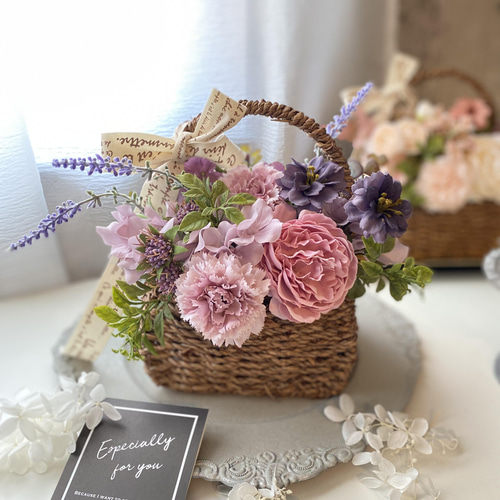 見応えあるバスケットアレンジ　アーティフィシャルフラワーハンドメイドサマーセール 造花（アーティフィシャルフラワー）】『ドライテイストアイテム