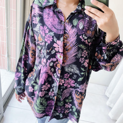 黑桃紫渲染花卉秋季時節 古著翻領純絲襯衫上衣 vintage Shirt 第9張的照片