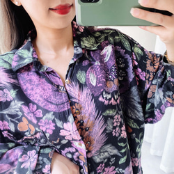 黑桃紫渲染花卉秋季時節 古著翻領純絲襯衫上衣 vintage Shirt 第10張的照片