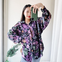 黑桃紫渲染花卉秋季時節 古著翻領純絲襯衫上衣 vintage Shirt 第8張的照片