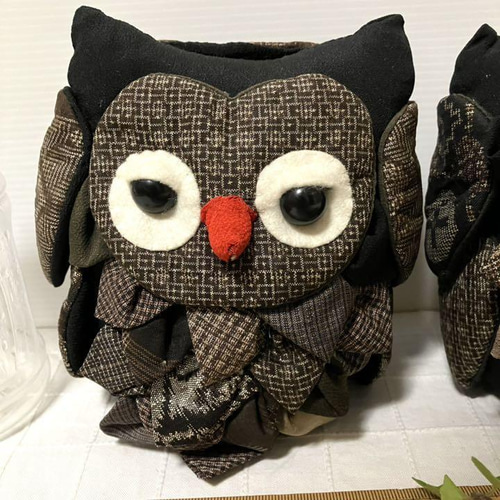 大島紬 ふくろう 2羽 正絹 着物リメイク 置物飾り ぬいぐるみ 古布