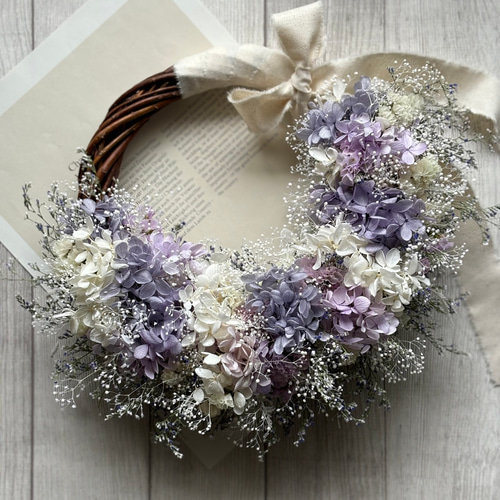 SOLD 大人シックパープルハーフリース　ドライフラワー　グニー　スターチス スターチス リース淡パープル | flowersion
