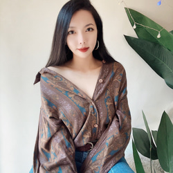 卡其灰褐滿版華麗圖騰 古著絲混棉襯衫上衣 vintage Shirt 第4張的照片