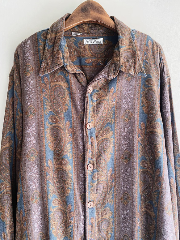 卡其灰褐滿版華麗圖騰 古著絲混棉襯衫上衣 vintage Shirt 第7張的照片