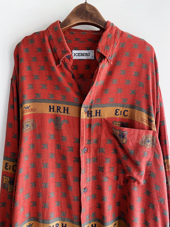 磚橘紅圖騰軟綿義大利製 古著絲混棉襯衫上衣 vintage Shirt 第7張的照片