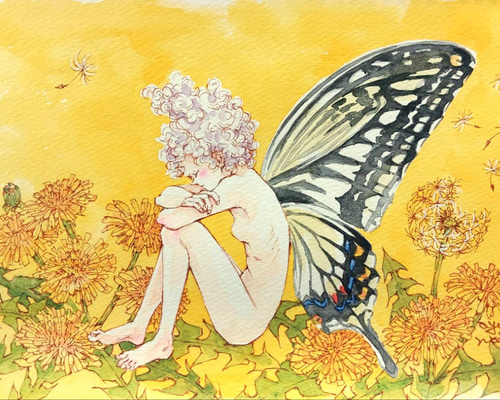 水彩画のボート額装済み 水彩画 原画 “たんぽぽ” 額装済み 送料無料 絵画 Ayumi Noda