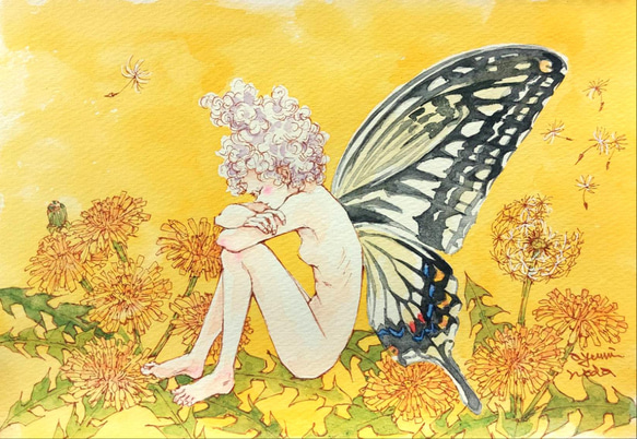 日本画水彩画⑤ 水彩画 原画 “たんぽぽ” 額装済み 送料無料 絵画 Ayumi Noda