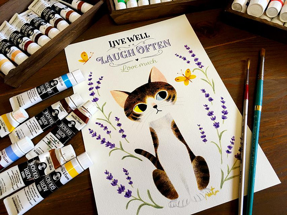 ウォールアートポスターA4サイズ 「猫と蝶とラベンダー “キジ白猫オッドアイ”」 3枚目の画像